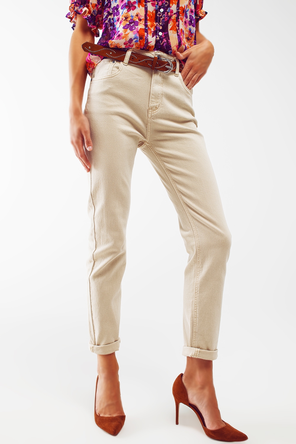 Vaqueros beige de corte pitillo de algodón elastico Vaqueros beige de corte pitillo de algodón elastico