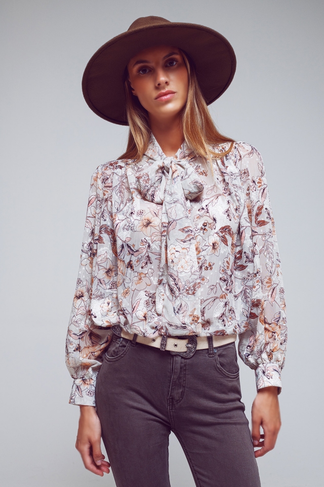 Camicia con collo a fiocco e maniche lunghe a stampa floreale crema
