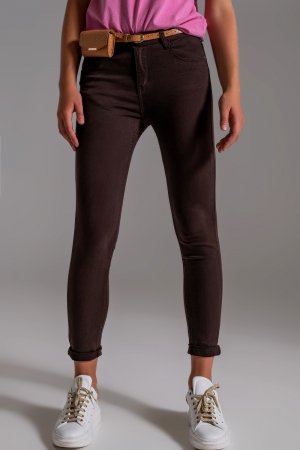 Calça de ganga skinny de cintura alta em marrom