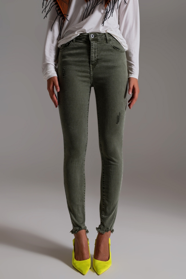 Skinny Jeans in Khaki mit hohem Bund