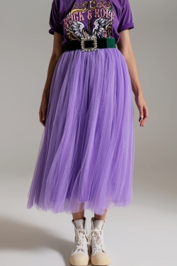 lila tule midi rok met elastische taille