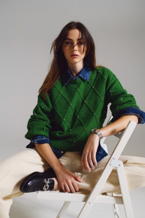 Sweater With Argyle Knit With Embellished Details in Green