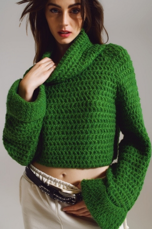 Waffle Knit Jumper With Turtle Neck and Rolled Cuffs in Green