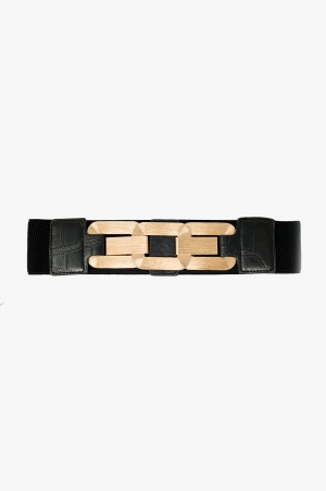 cinturón elástico negro con hebilla metálica triple
