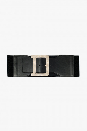 Amplio cinturón negro elástico con detalles de pedrería