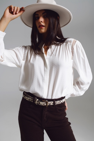 white long sleeve blouse with crochet detail