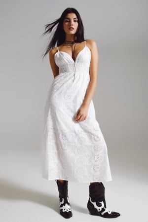 Long white crochet dress with fitted waist