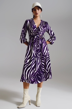 Midi Belted Wrap Dress in Purple and Cream Zebra Print