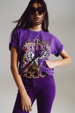 Vintage Rock and Roll Print T-shirt in Purple