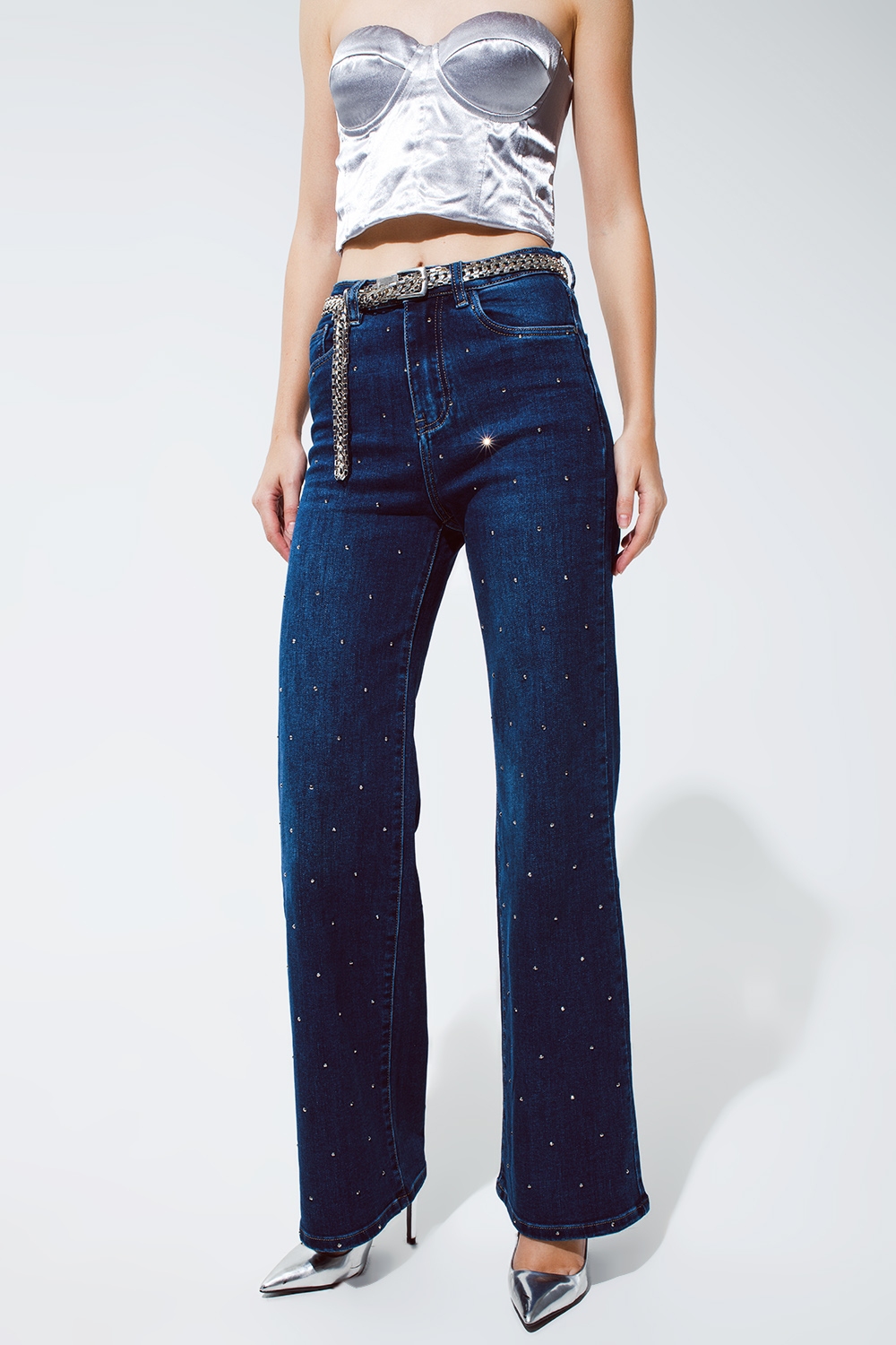 Jeans Pierna Recta con detalle de strass en Azul Jeans Pierna Recta con detalle de strass en Azul