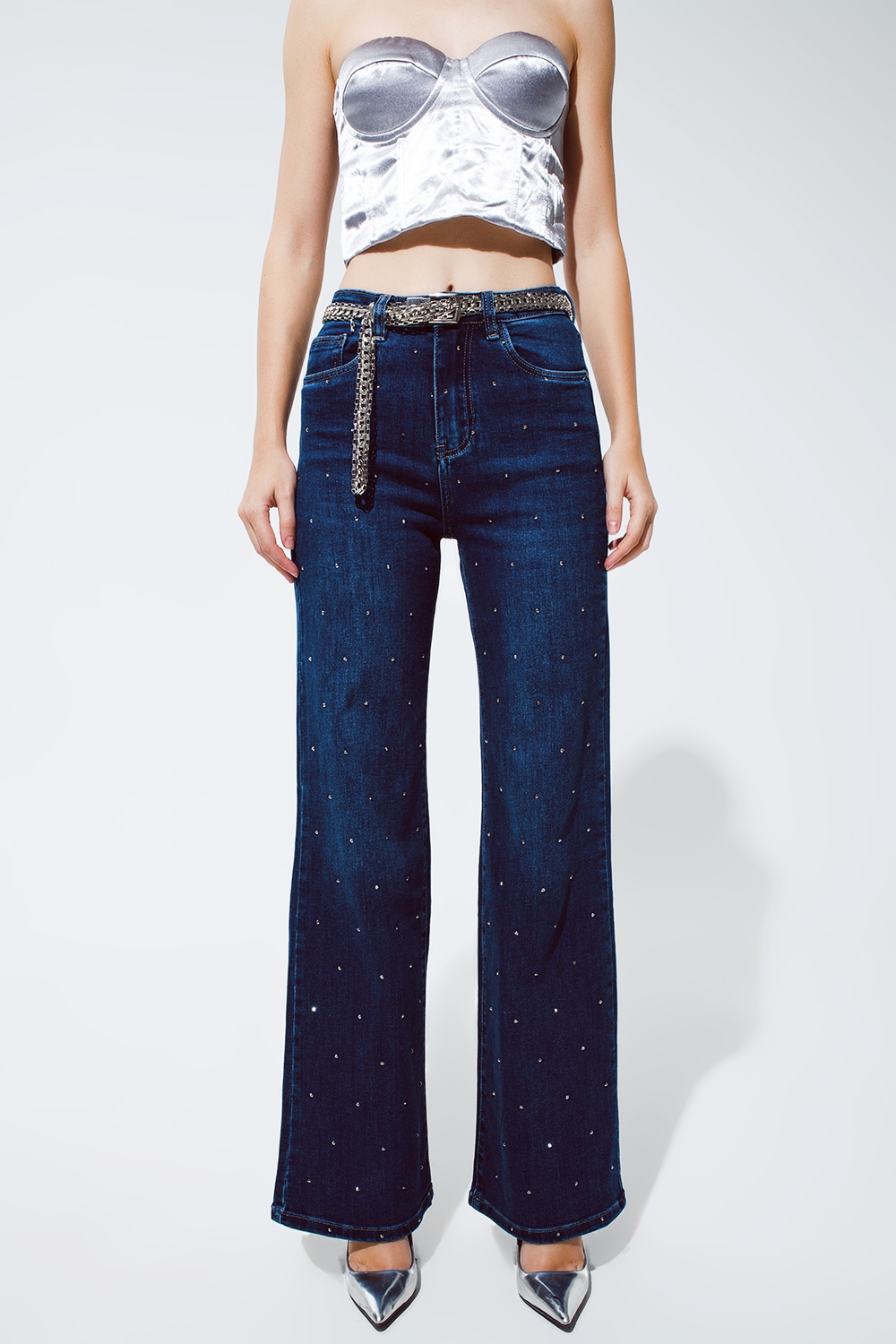 Jeans Pierna Recta con detalle de strass en Azul Jeans Pierna Recta con detalle de strass en Azul