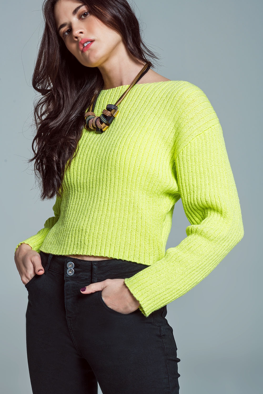 Jersey relajado con cuello barco de canal&eacute; grueso en verde lima