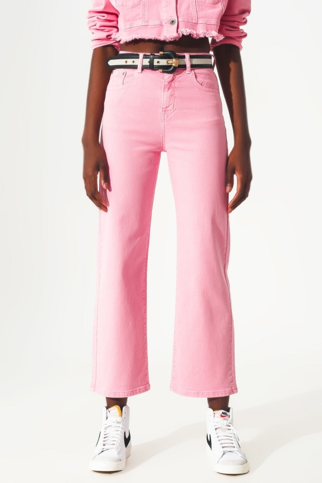 Hot Pink Jeans, White Blouse, Leopard Print Belt & Shoes