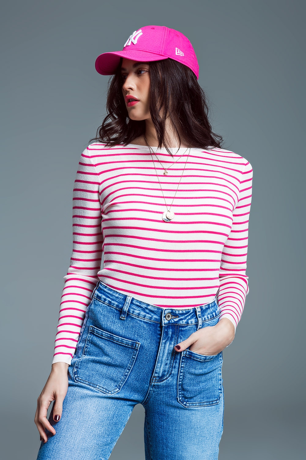 Slim Fit Su&eacute;ter De Punto Fino Con Cuello Barco En Blanco Con Rayas Fucsia