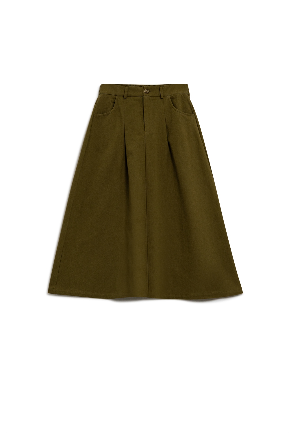 Una falda midi de línea A con bolsillos en color caqui Una falda midi de línea A con bolsillos en color caqui