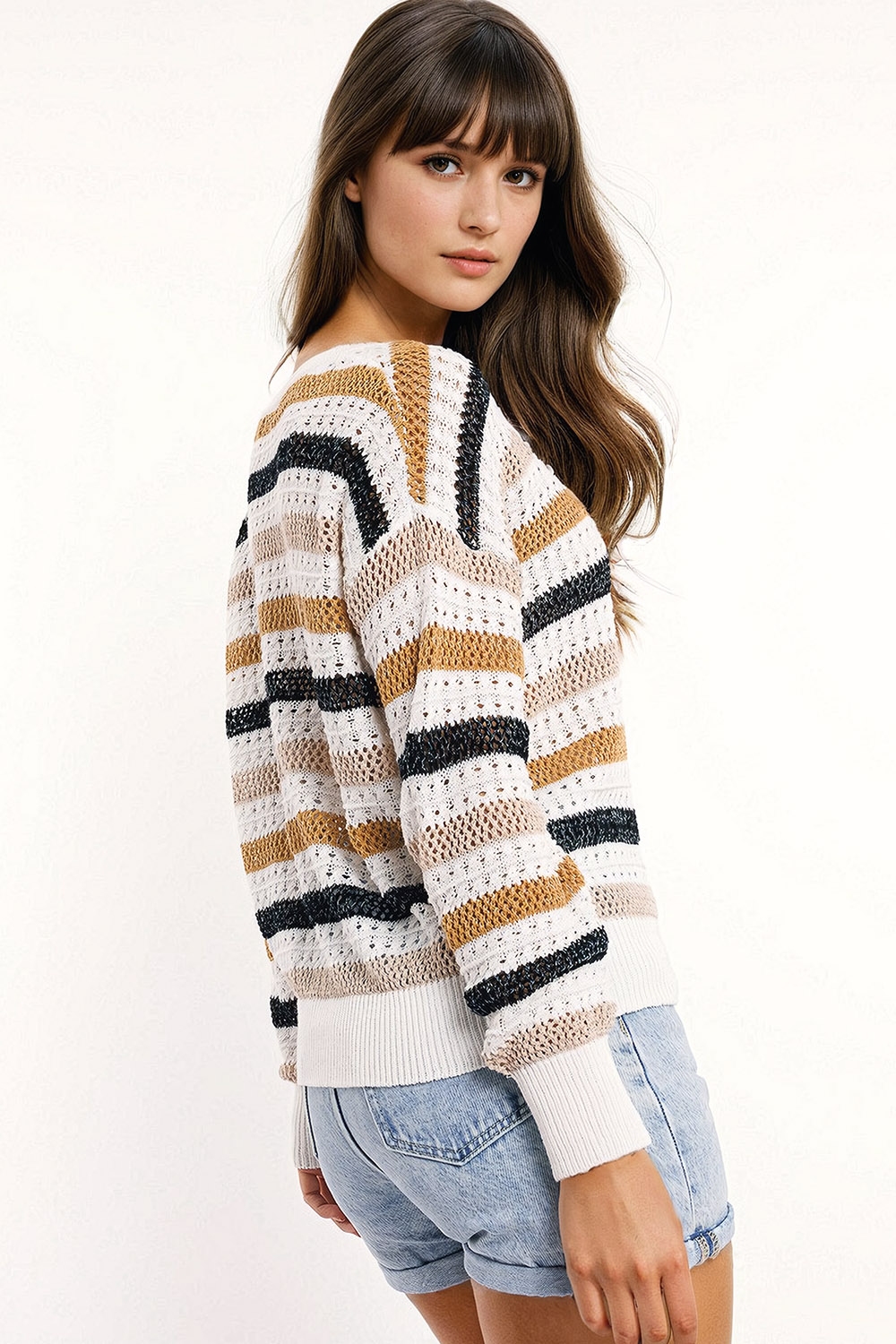 Jersey de punto blanco con rayas multicolores Jersey de punto blanco con rayas multicolores