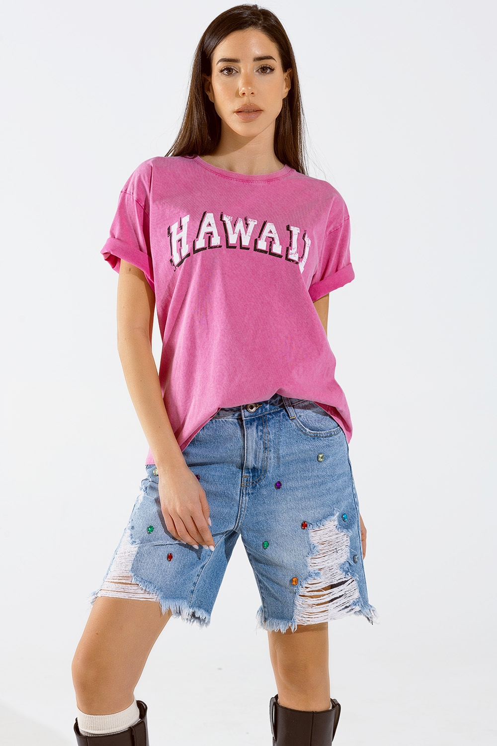 Camiseta Hawaii Efecto Lavado En Fuschia