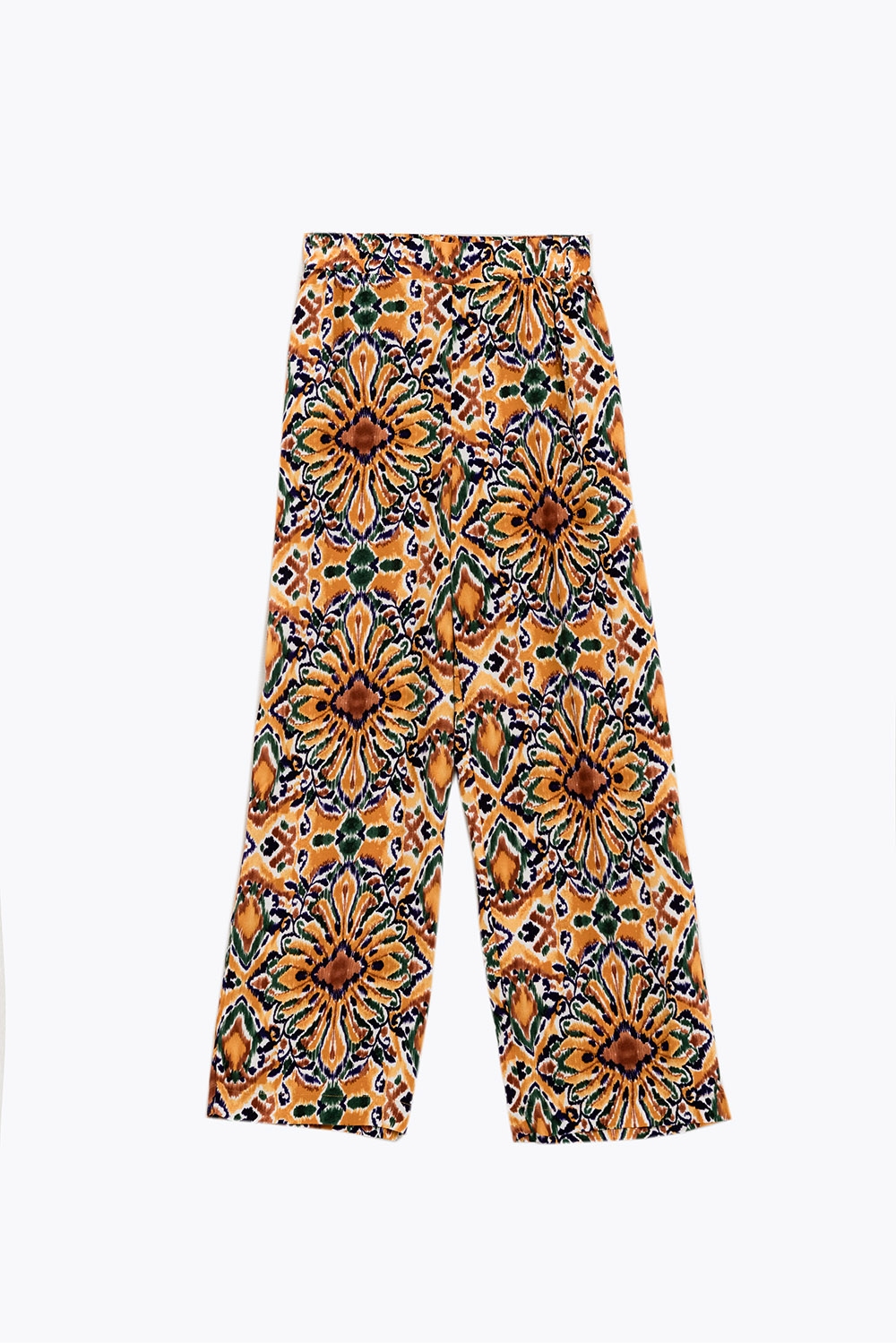 Pantalones multicolores con estampado de flores en naranja y azul Pantalones multicolores con estampado de flores en naranja y azul