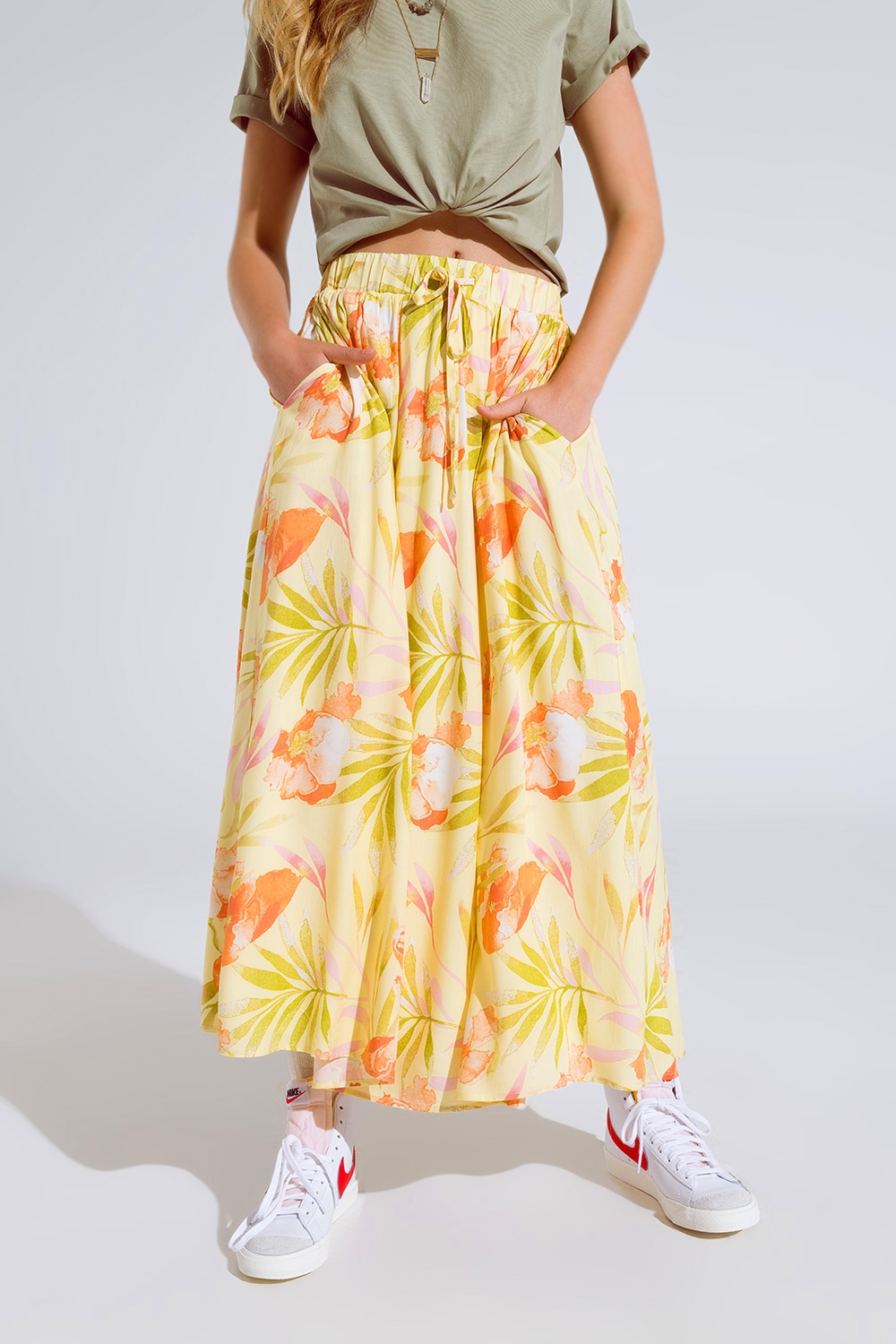 maxi falda amarilla con estampado tropical maxi falda amarilla con estampado tropical