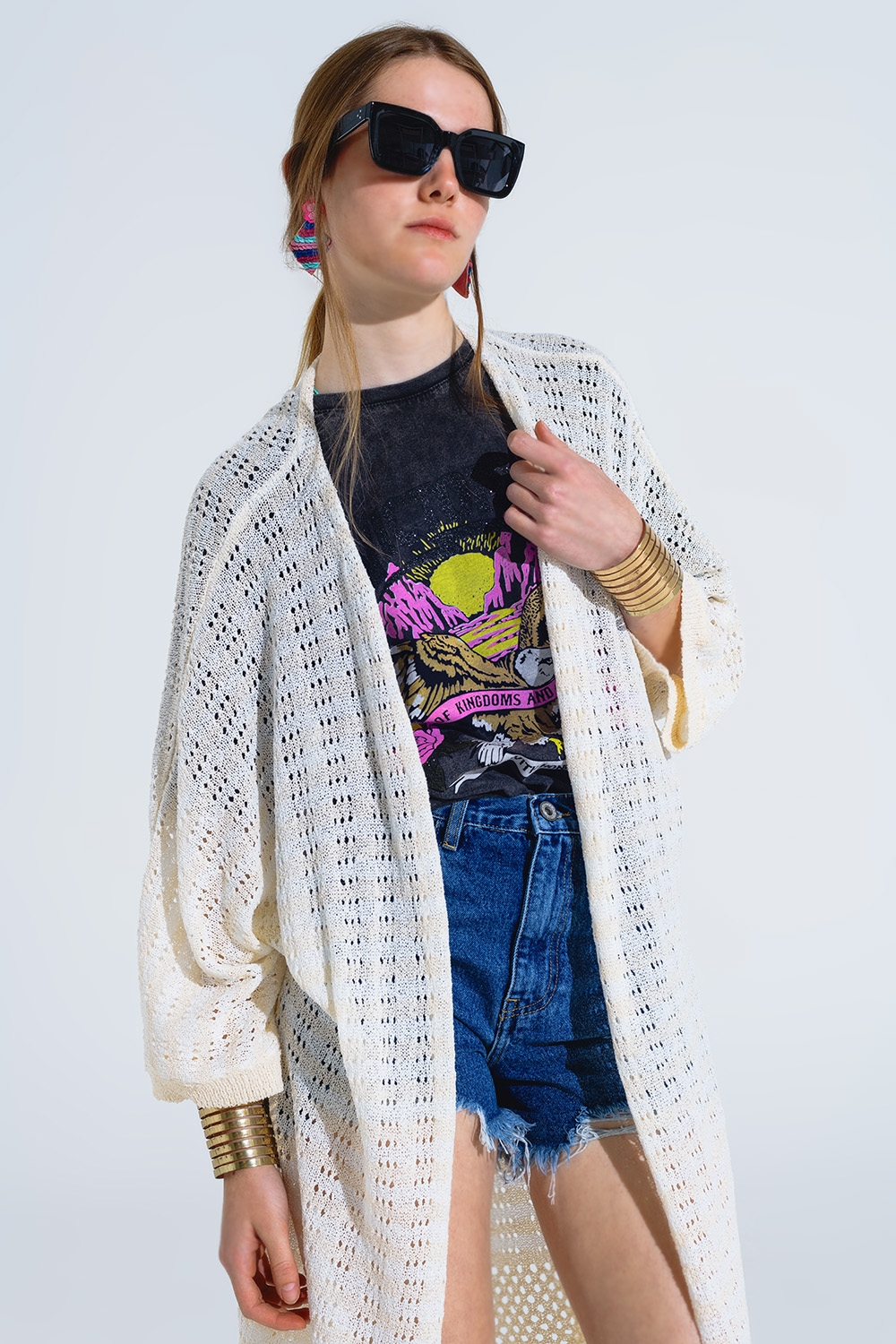 Poncho Crema Estilo Boho Con Punto Pointelle A Rayas Y Detalles De Flecos Poncho Crema Estilo Boho Con Punto Pointelle A Rayas Y Detalles De Flecos