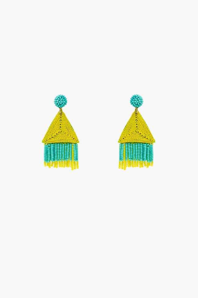 Pendientes turquesa con pir&aacute;mide lima y flecos
