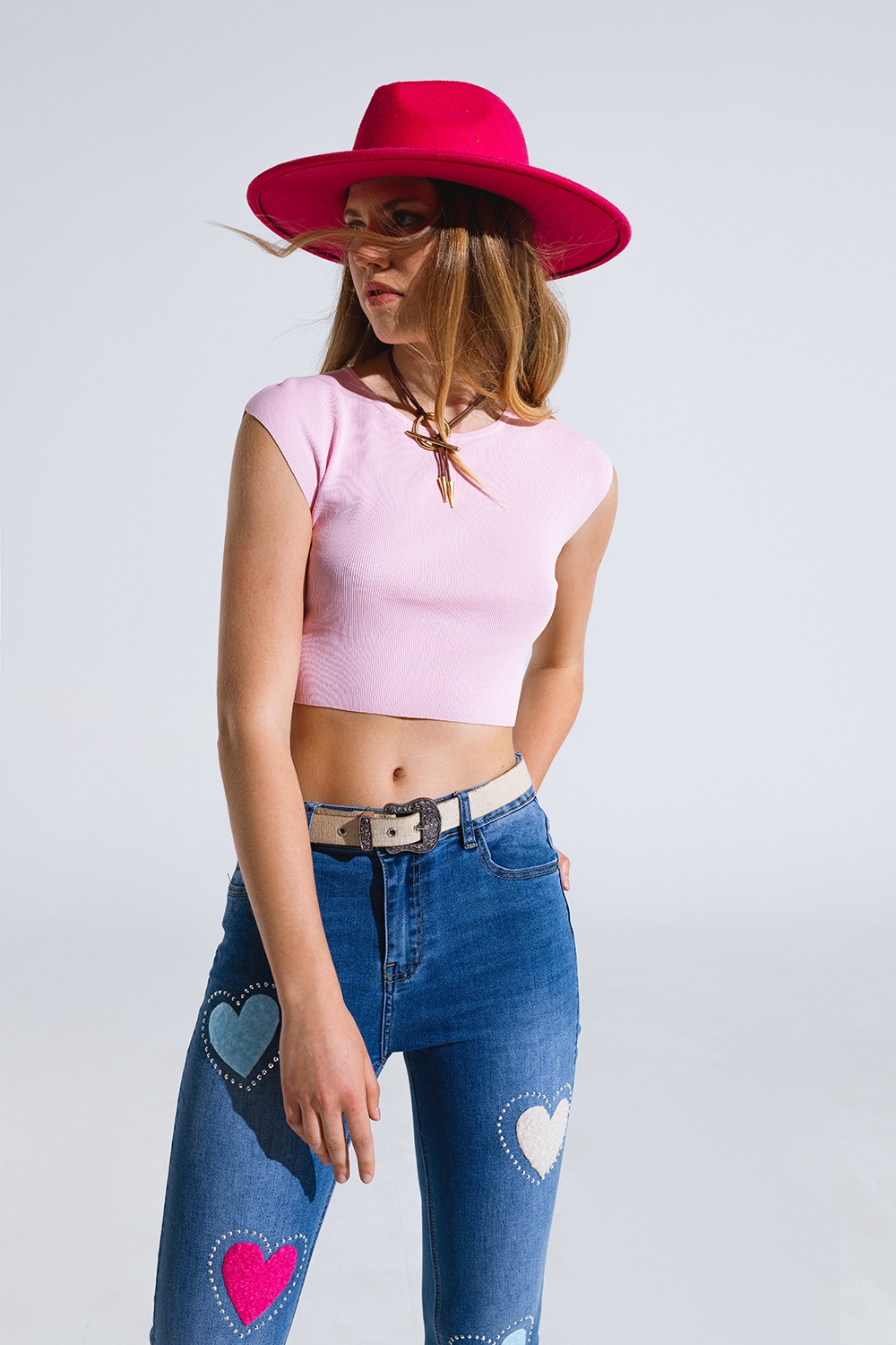Camiseta de punto con mangas cortas en rosa Camiseta de punto con mangas cortas en rosa