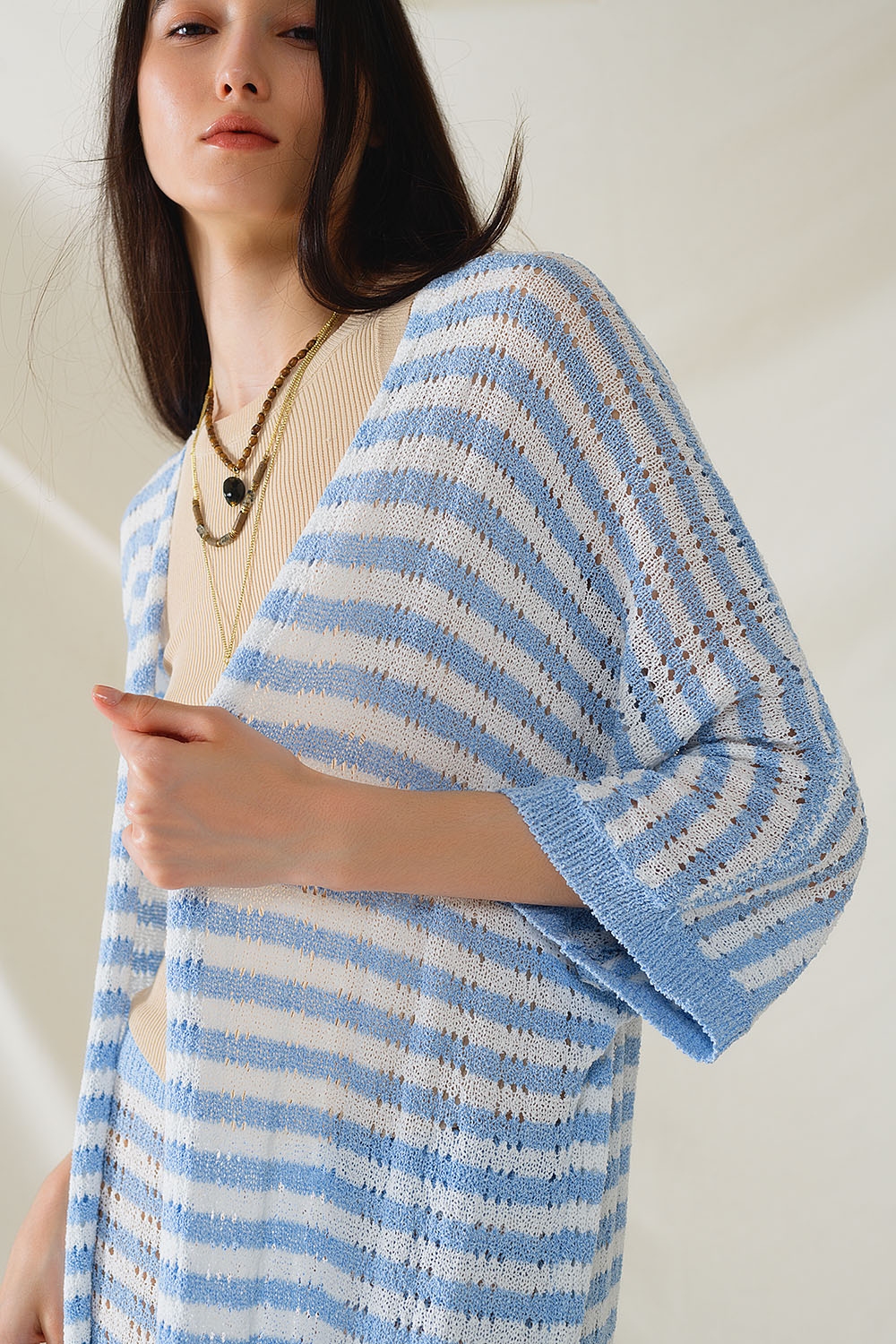 Rebeca Azul Estilo Boho Con Punto Pointelle A Rayas Y Detalles De Flecos Rebeca Azul Estilo Boho Con Punto Pointelle A Rayas Y Detalles De Flecos