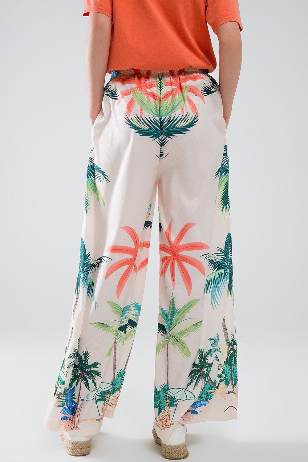 Pantal&oacute;n recto crema con estampado playero y cintura el&aacute;stica