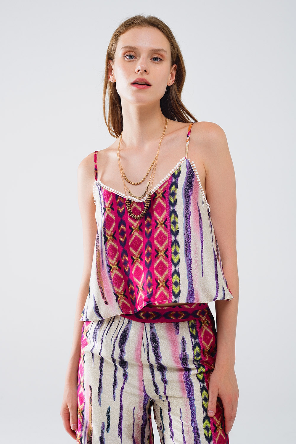 Top de seda multicolor sin mangas con estampado abstracto